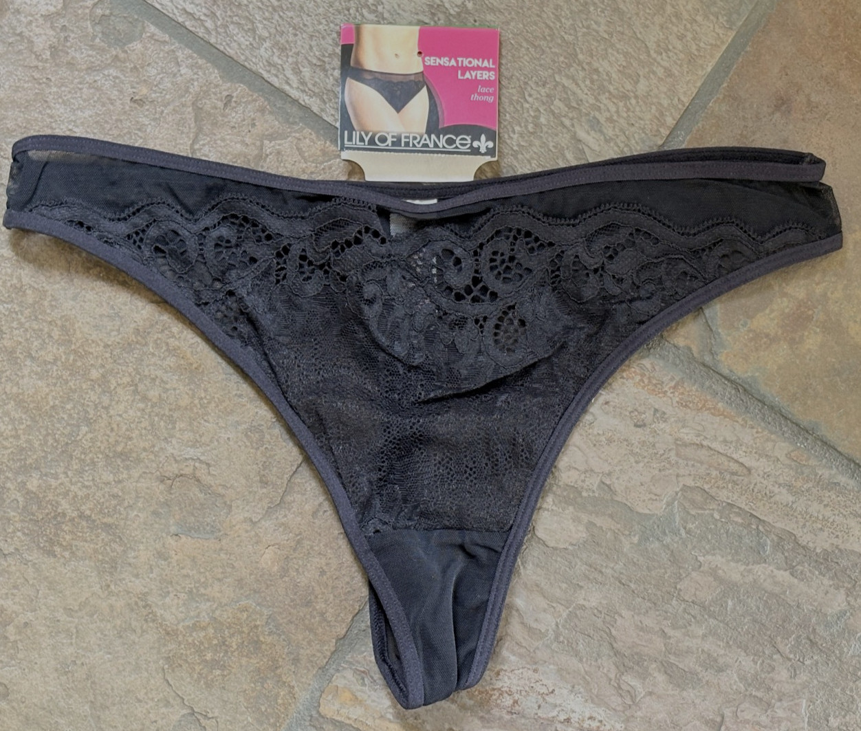 Lily of France Large BLACK Sensational Layers Lace Thong Panties #2118020 NWT