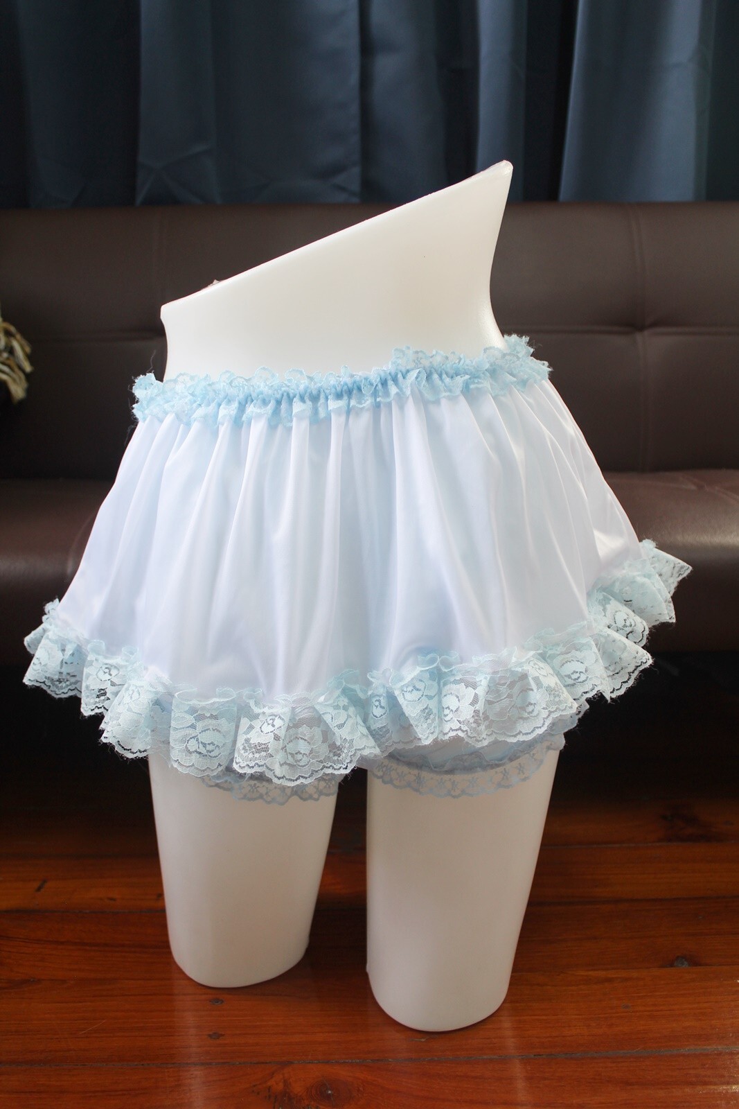 #A53 2XL/ElasticW.24-44″ 2in1 Blue Nylon Full Brief + Mini White Half Slip