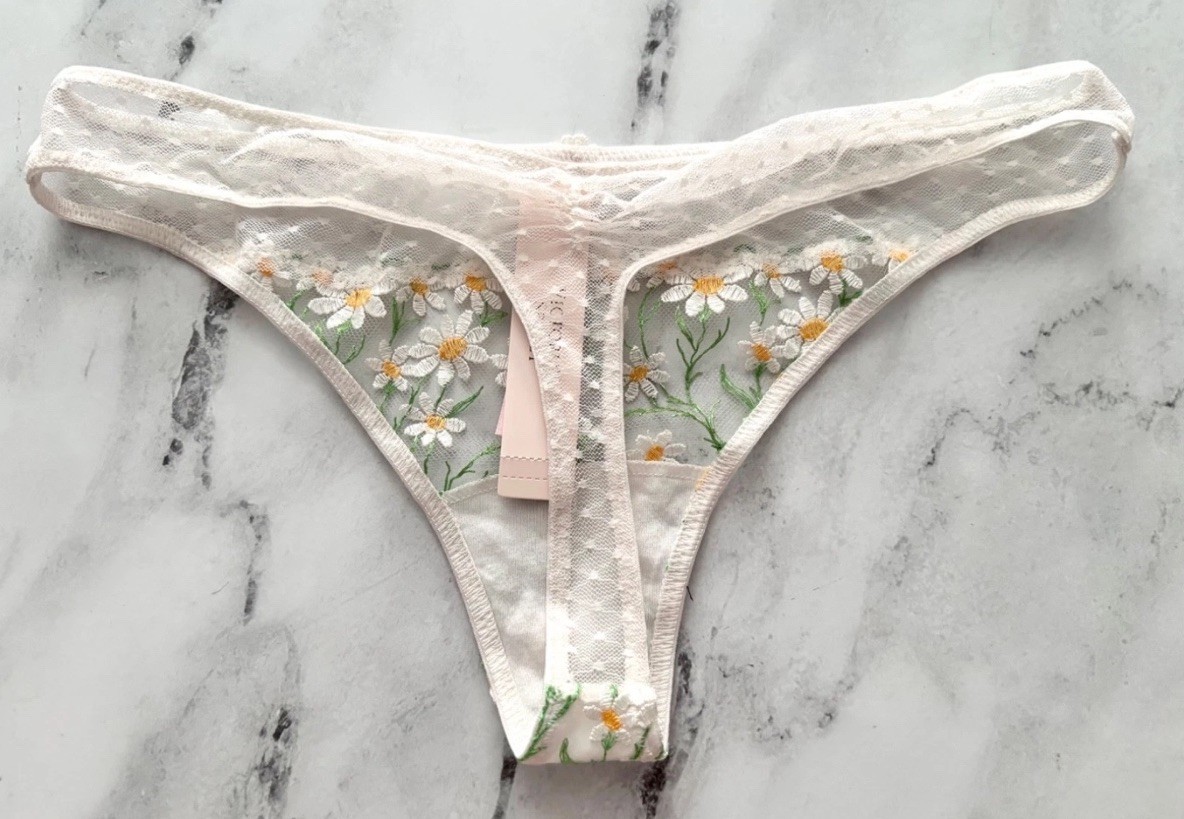 VICTORIA’S SECRET DREAM ANGELS DAISY CHAIN EMBROIDERED THONG PANTY Size S NWT