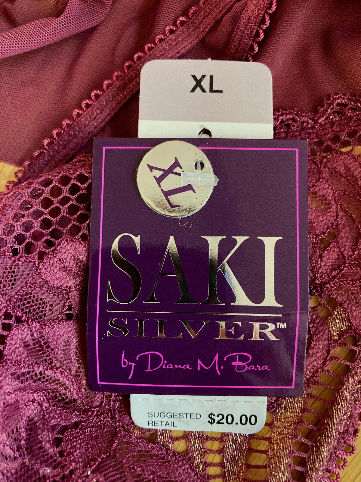 722 SAKI SILVER XL Burgundy Ruffle Waist Glitter Hoop Front Thong Panty NWT 2059