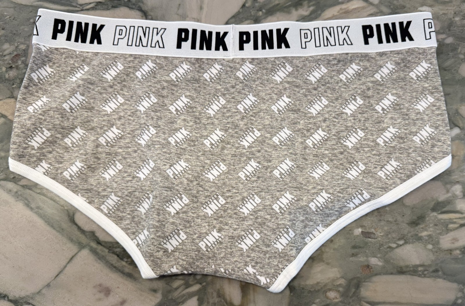 NEW Victoria Secret PINK BLOCK LOGO Cotton Trim Boyshort – Stormy Gray Logo – XL