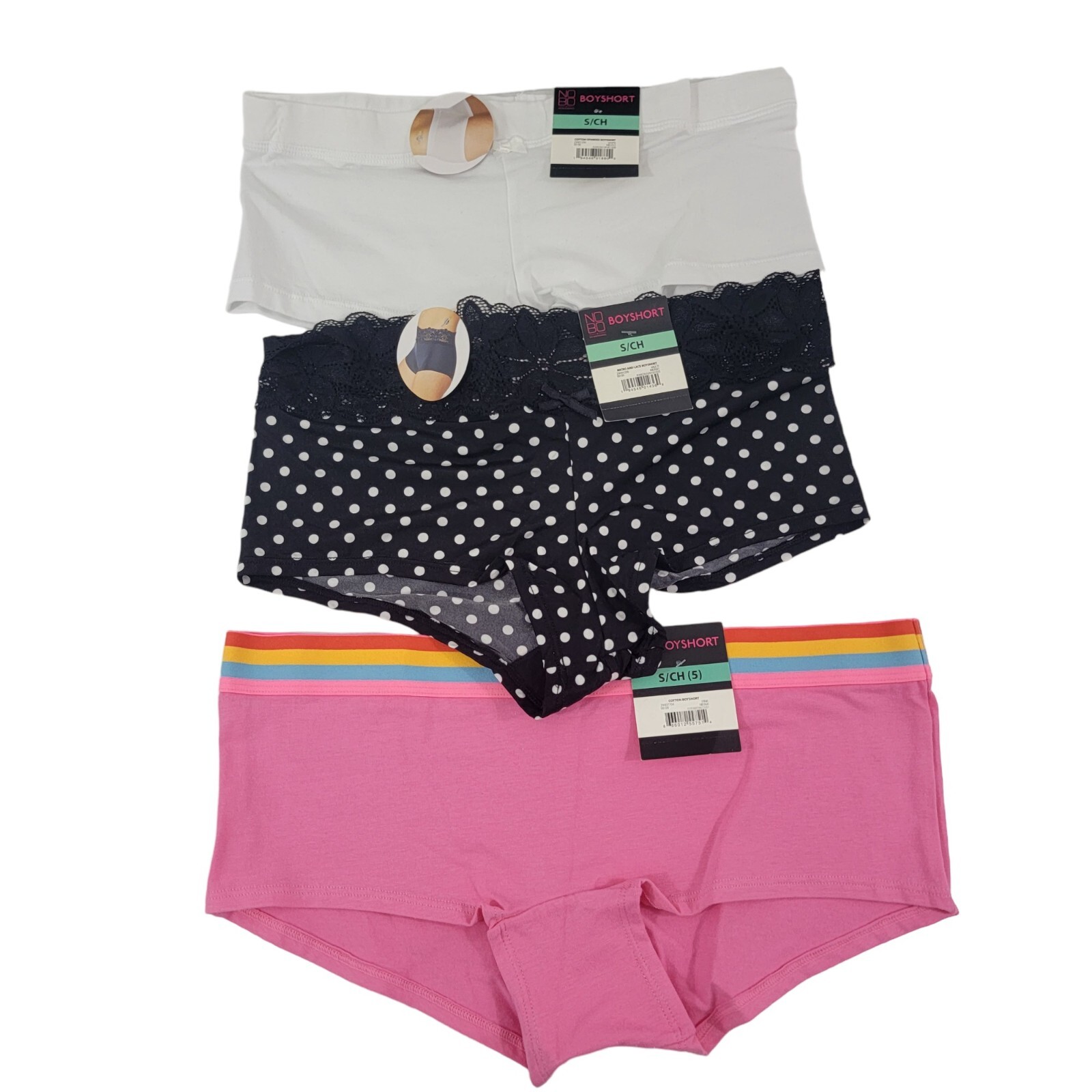 No Boundaries Cotton & Lace Boyshorts 3 Pack NOBO Panties Size Small – NWT
