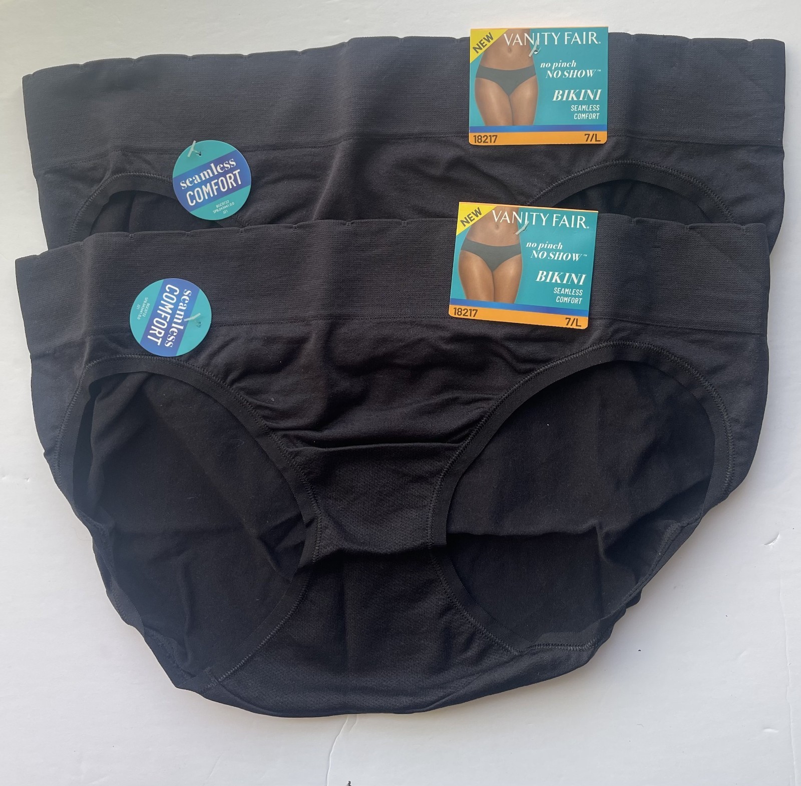 (2) Vanity Fair No Pinch No Show Seamless Bikini Panties Black #18217 Size 7/L