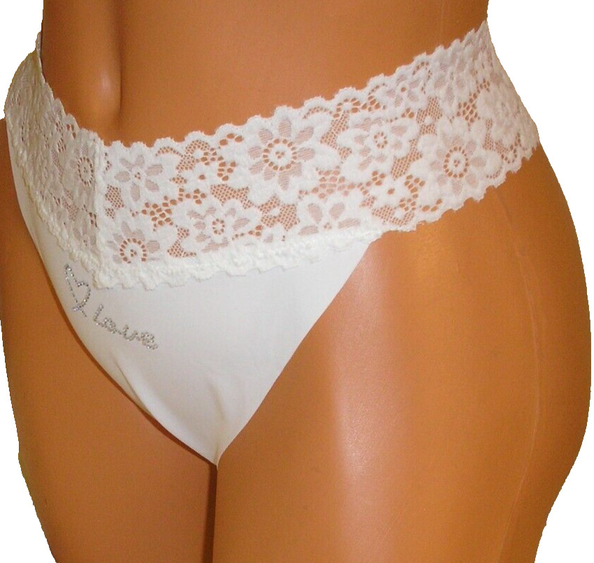 Panties Lingerie Heart Love Rhinestone Detail Lace Trim White Thong XL Gift