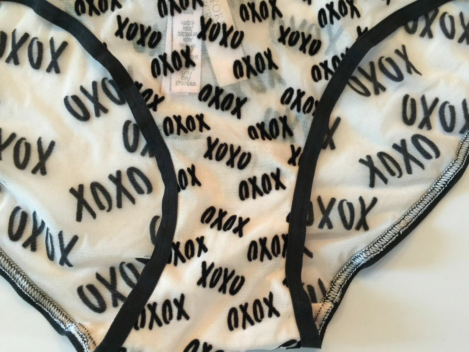 Victorias Secret XOXO LOVE Bikini Panties Size S Sexy Flirty Black Trim Sheer