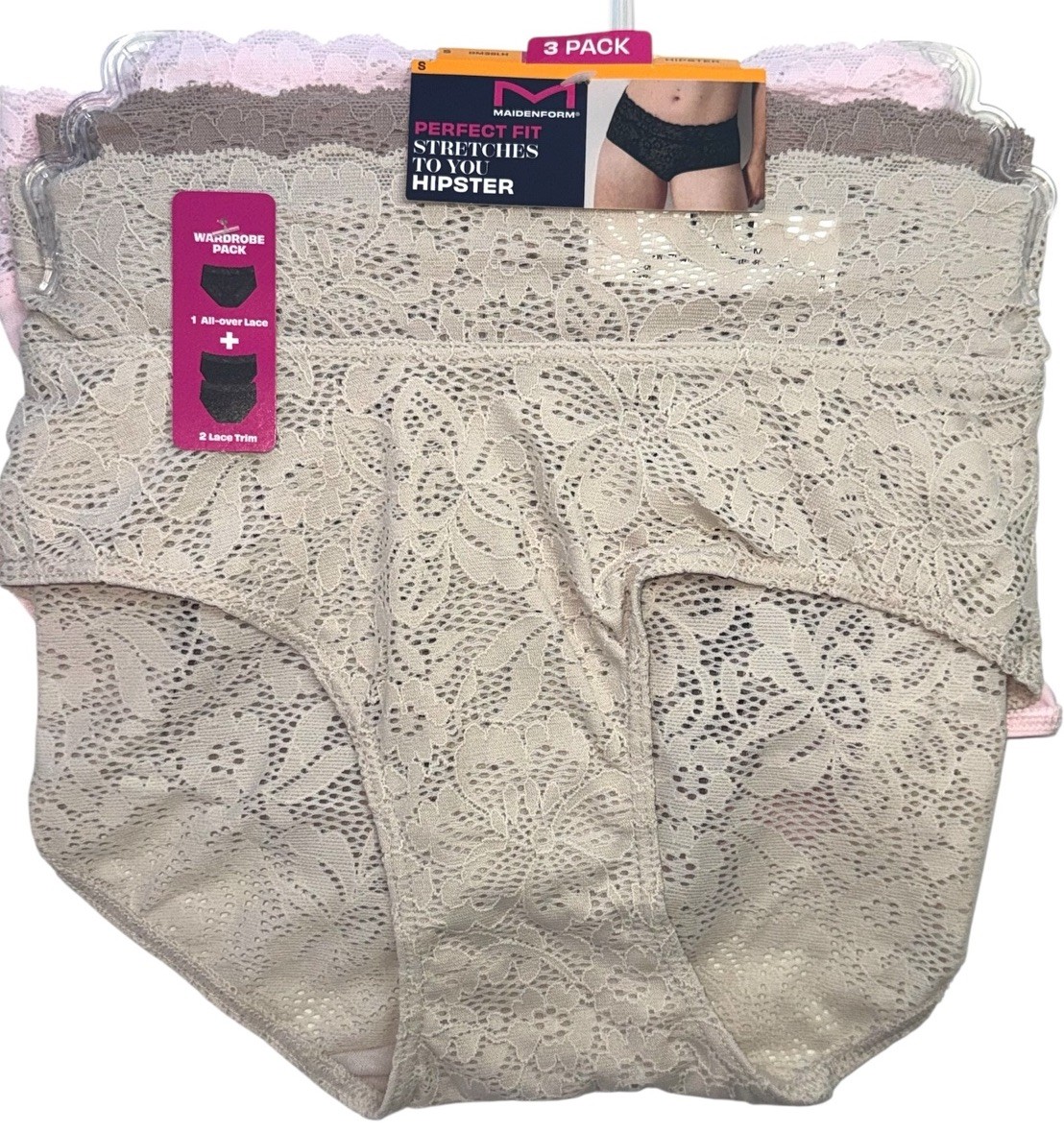 MAIDENFORM Women’s Size L Hipster 3-Pack Stretch Lace Panties Nylon Polyester