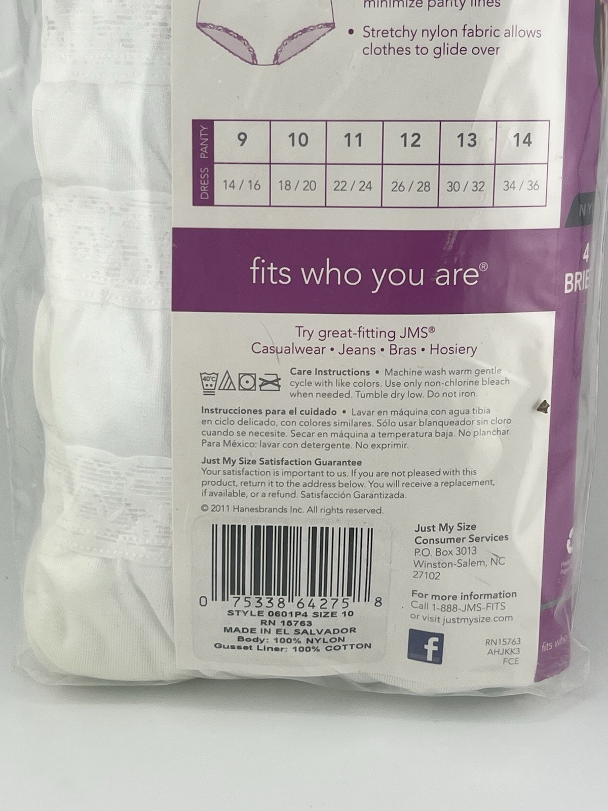 Just My Size Nylon Brief Panties 100% nylon Soft & Smooth Size 10 White 4 Pack