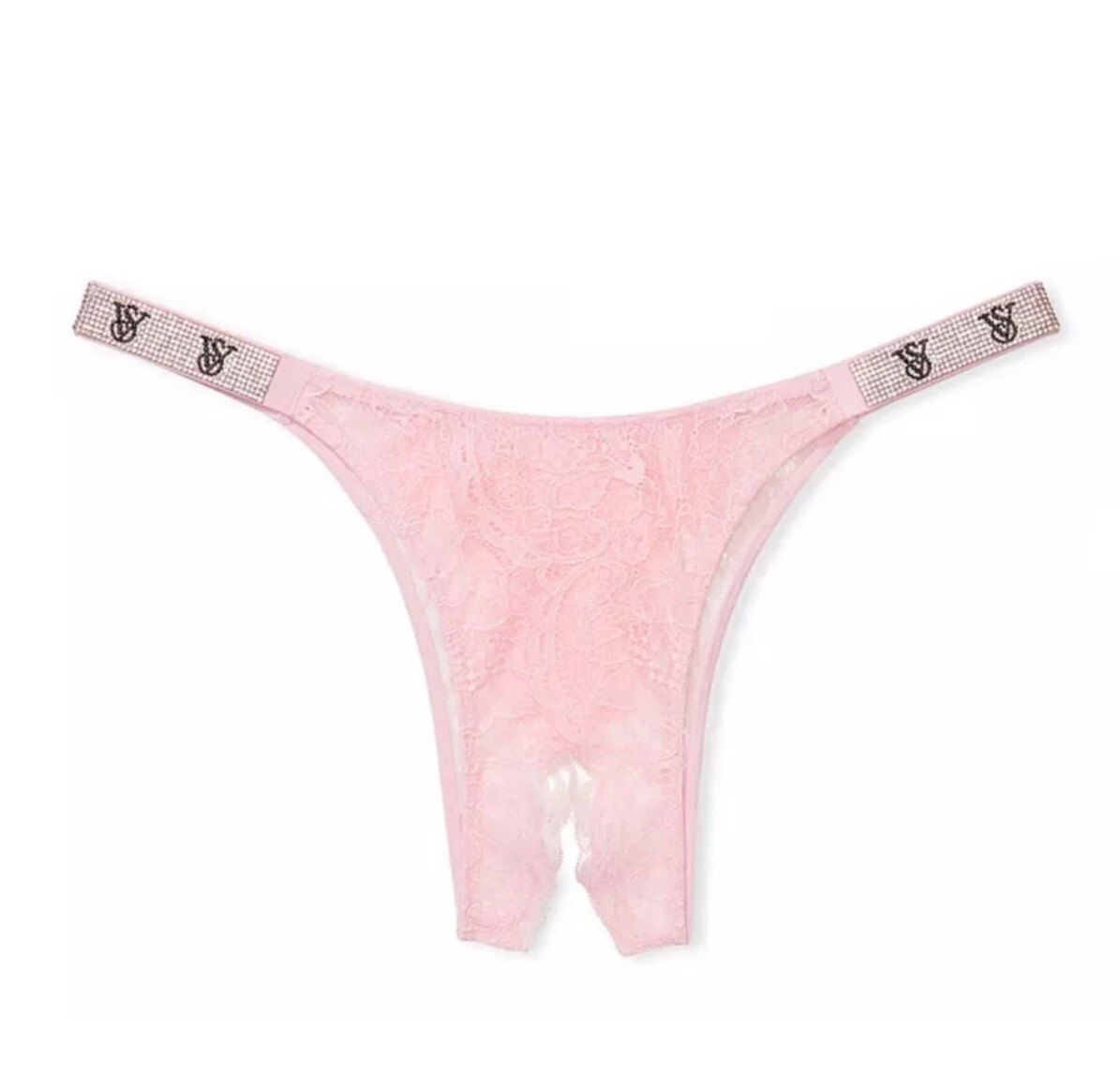 NEW Victoria’s Secret Shine Strap Crotchless Panty Rhinestone Petal Pink Lace XS