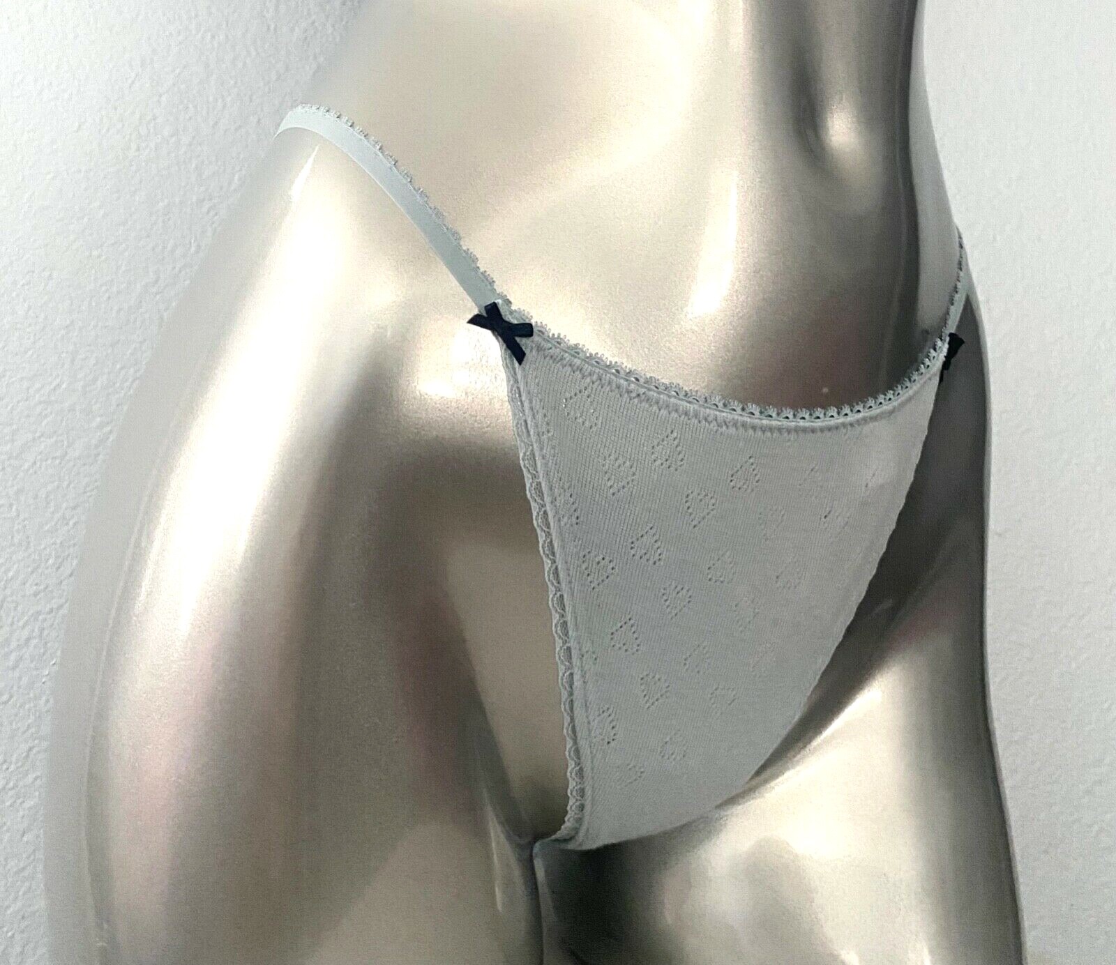 Victoria’s Secret V String Panty Pointelle Blue Heart Bow Cotton Blend M L XL