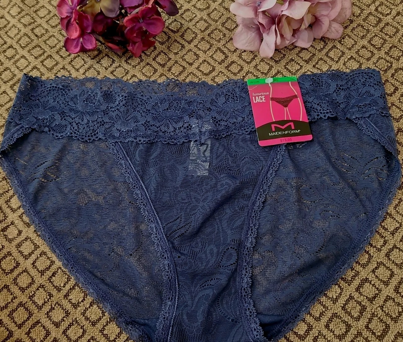 7/L MAIDENFORM Luxurious SeXy Slinky Stretch Lace Blue V Waist Bikini Panty NWT