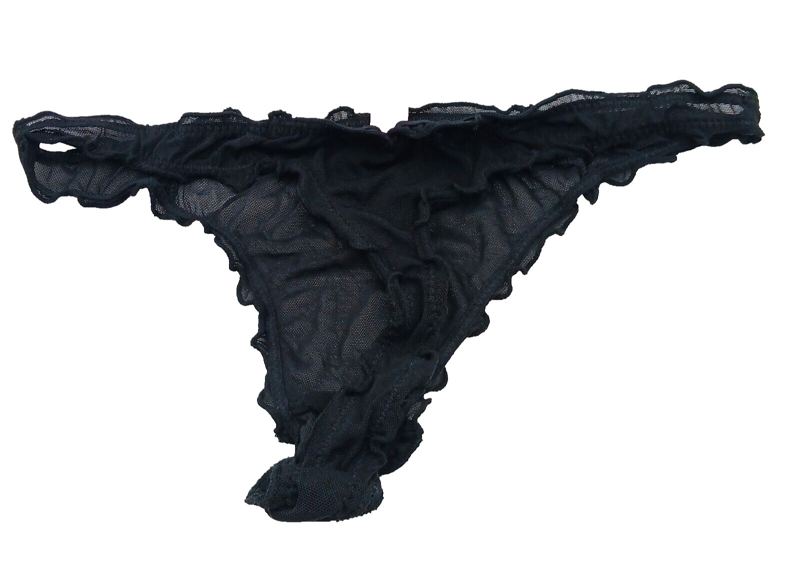 La Mariposa Thong Panty Women’s Large Mesh Black Bow Front Ruffled Edges New