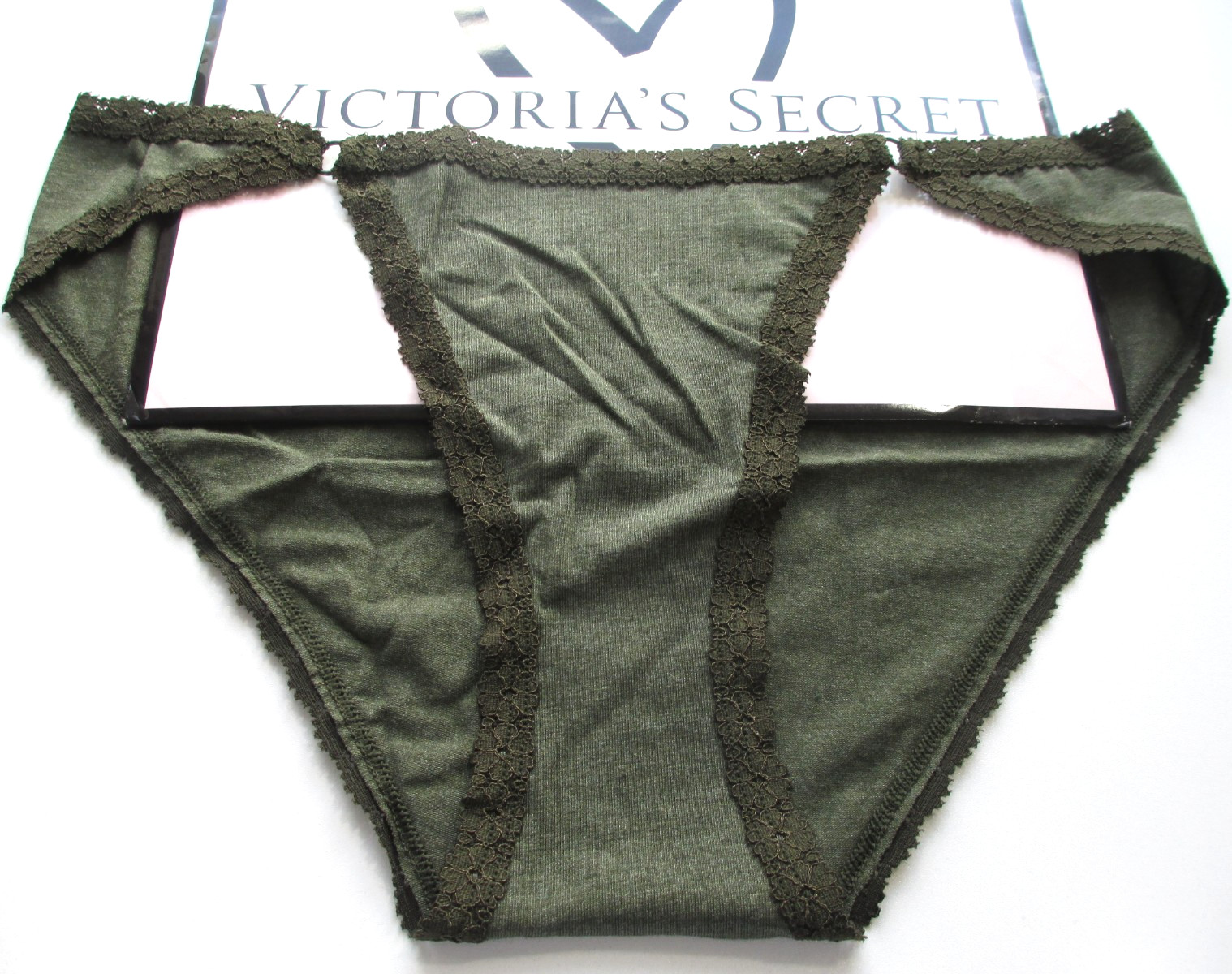 VICTORIA’S SECRET PINK Cotton Cheeky Panty L LARGE Green Heather VS Lace Trim