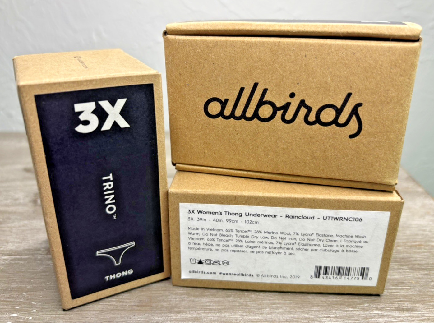 3 Pairs Allbirds Womens 3X Trino Thong Underwear Merino Wool Blend Raincloud