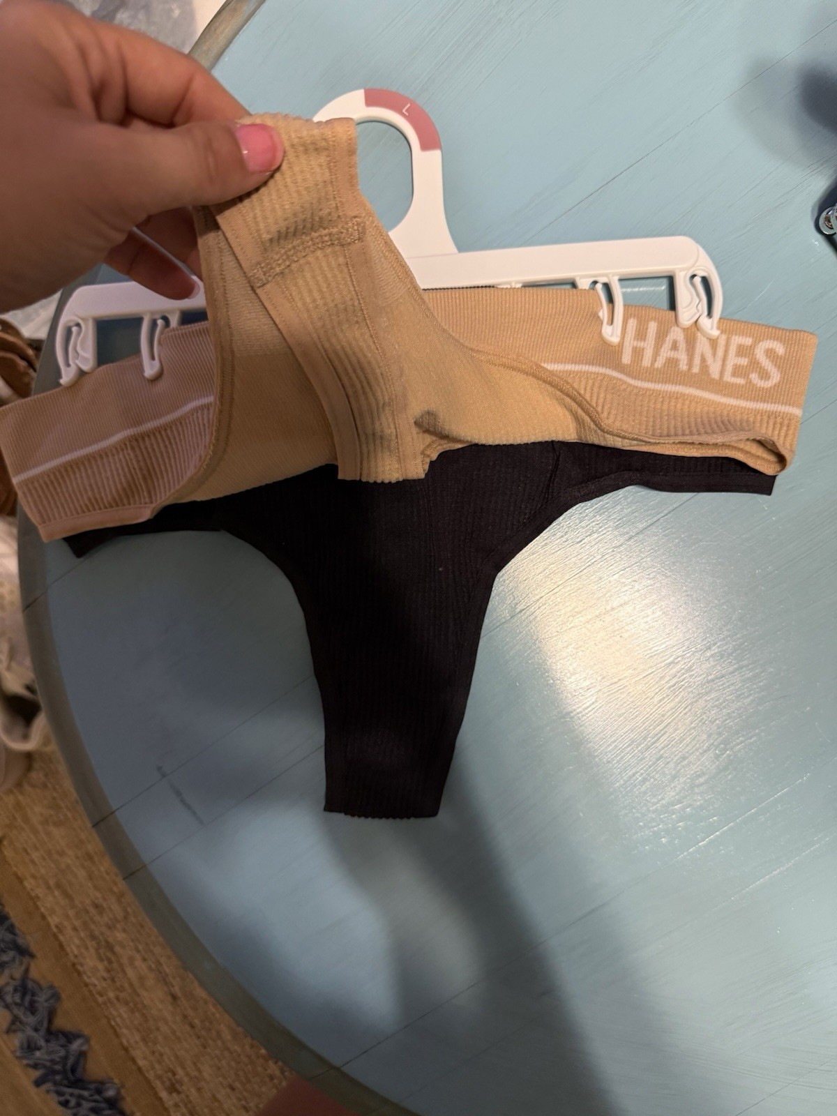 Hanes Women’s Ribbed Cotton Thong Panties 2 Pack Beige Black Stretch L