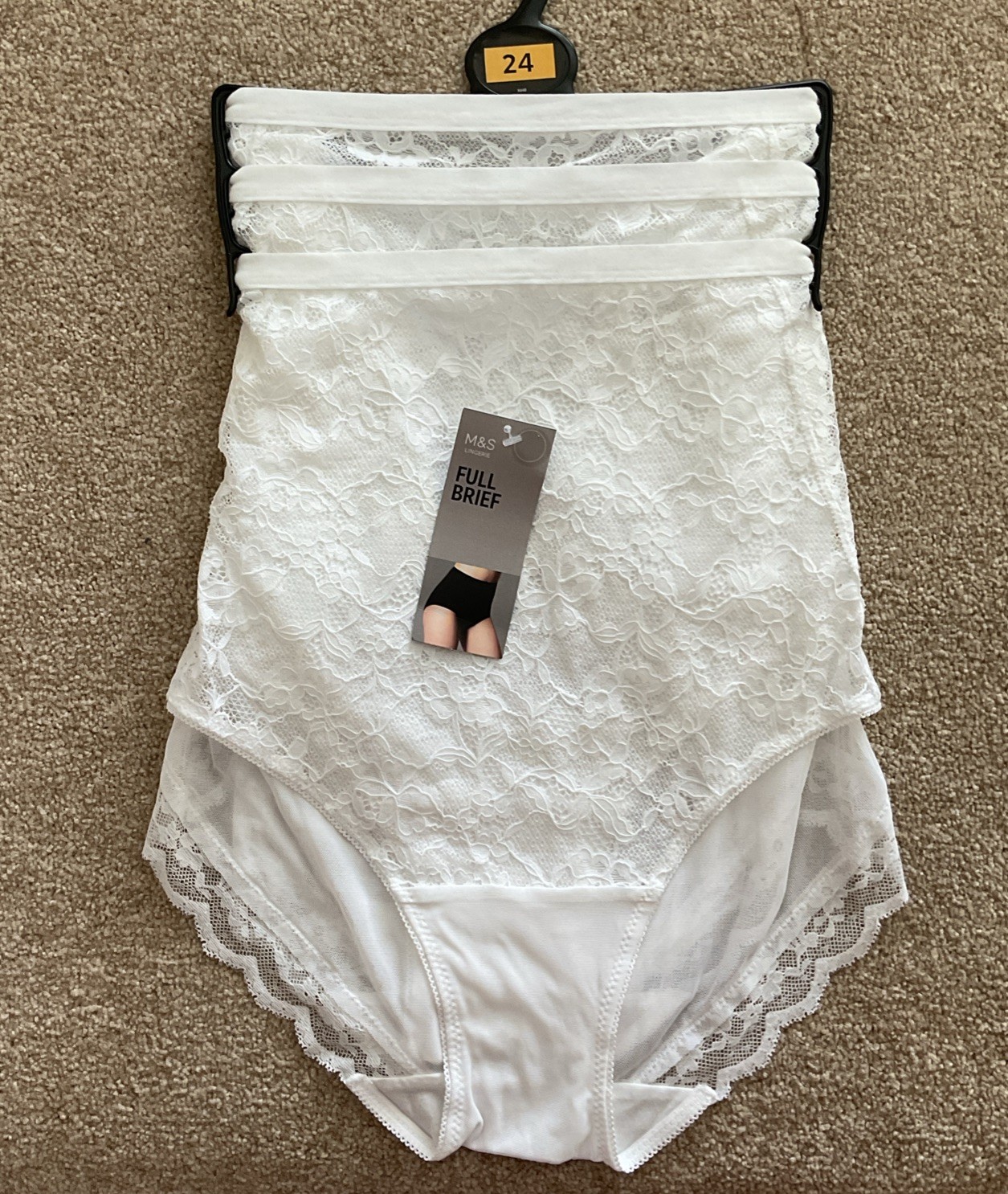 M&S 3 Pack Size 24 Full Brief Knickers Lace & Mesh White