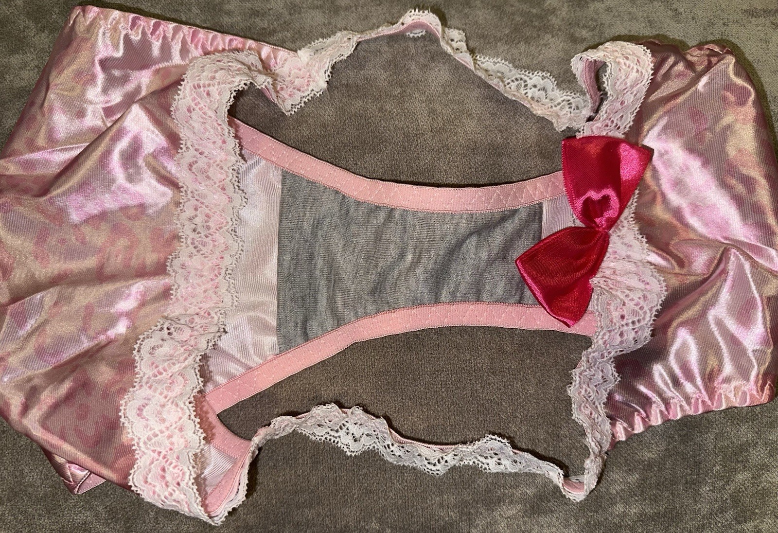 Vtg Styl Pink Animal Print 2nd Skin Satin & Lace String Bikini Panties XL NEW