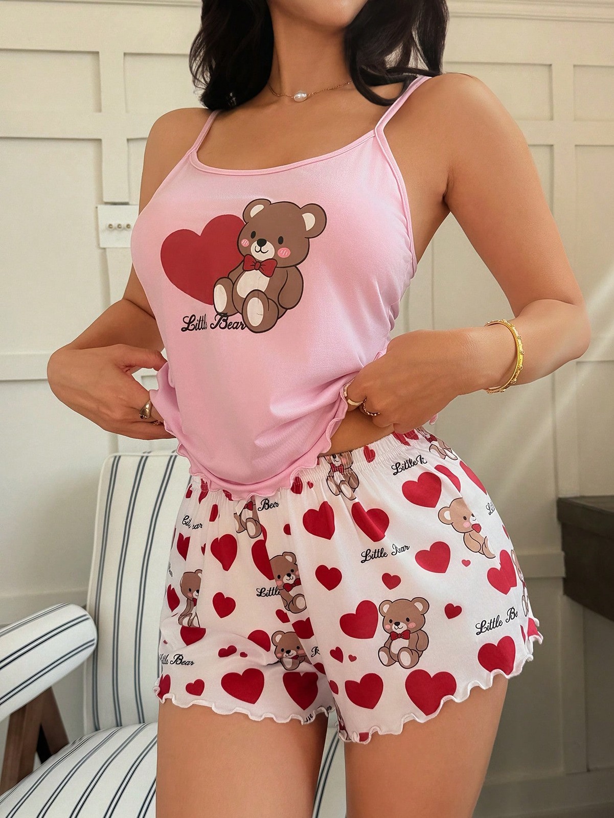 Softscene Ladies Bear Pattern Camisole Top and Shorts Pyjama Set for Cheap24
