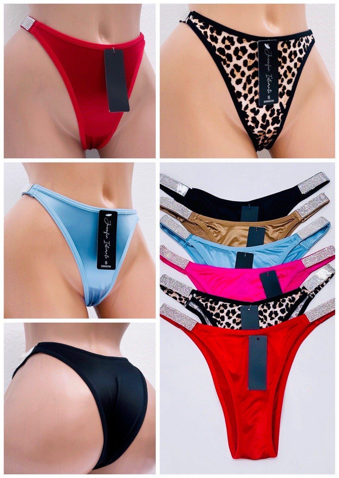6 Very Sexy Rhinestone Shine Strap Bling Chain Satin Thong Panties Brazilian S