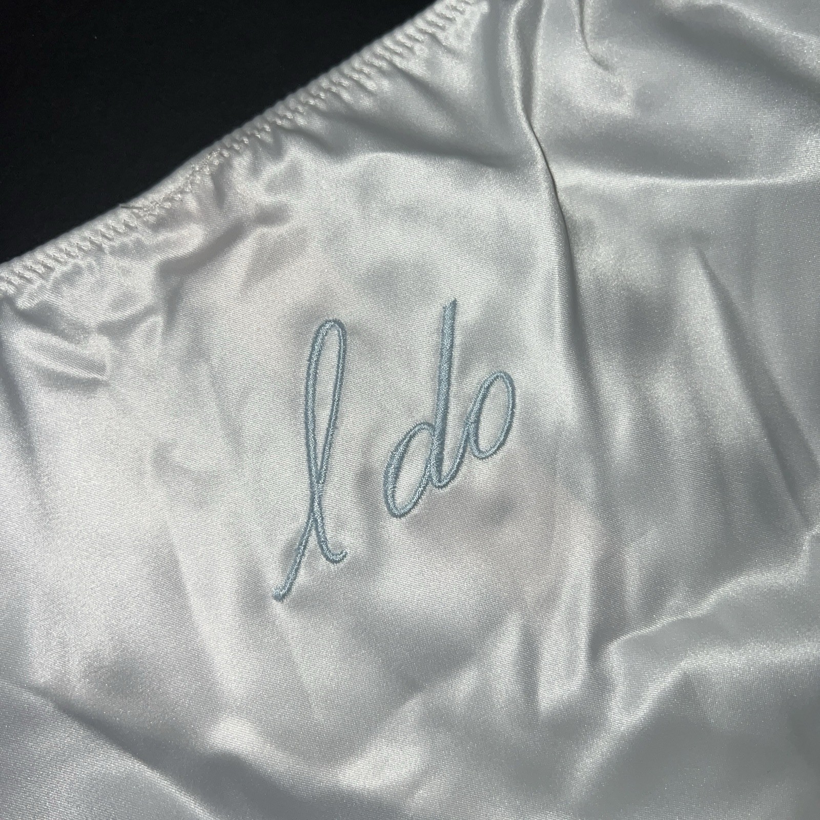 Victoria’s Secret M panty LOT 2 SATIN BLUE WHITE side tie BRIDE I DO EMBROIDERY