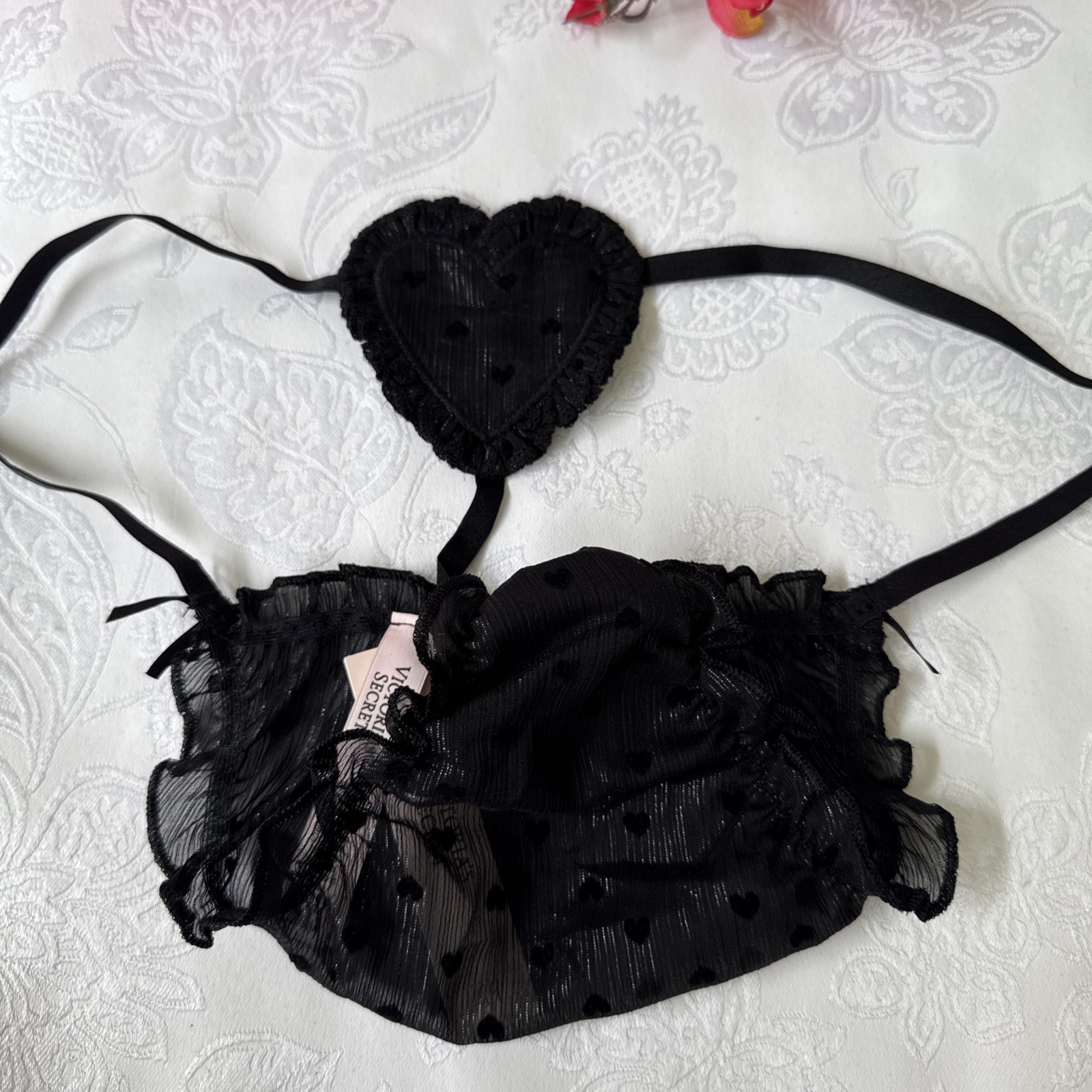 VICTORIA’S SECRET S BLACK HEART V STRING PUCKERED RUFFLE SHIMMER SISSY PANTIES