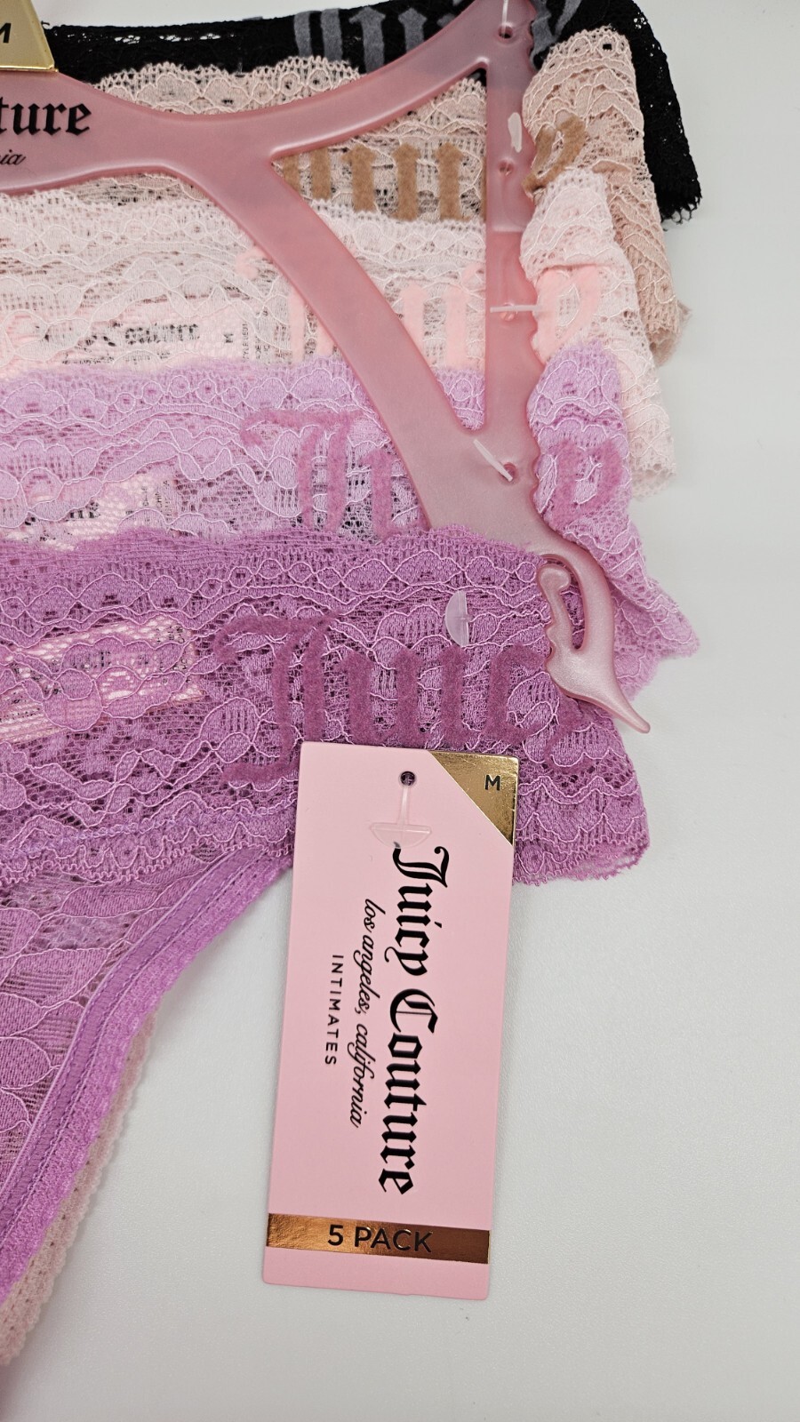 JUICY COUTURE Women’s M XL 5Pk Lace Logo Thong Panties Black Pink Beige Purple