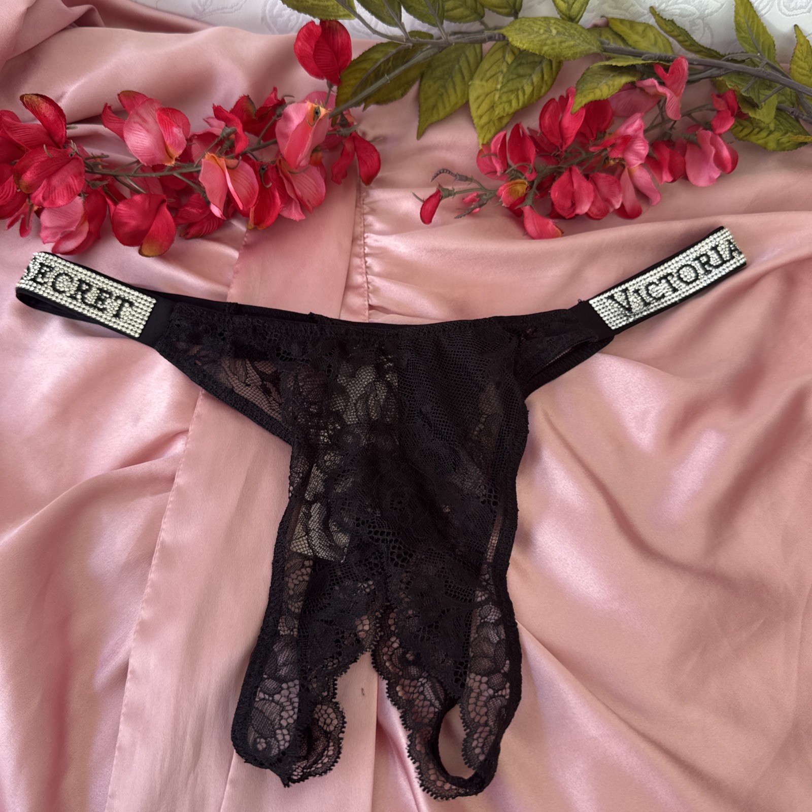 VICTORIA’S SECRET S BLACK RHINESTONE BLING OPEN BOTTOM BRAZILIAN PANTIES NWT