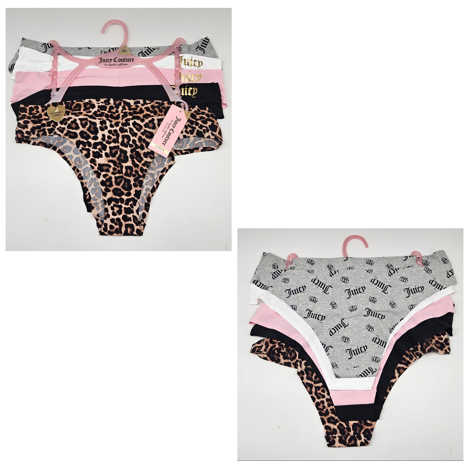 JUICY COUTURE 5 Pk Women’s L XL No Lines Panties Black Pink Gray White Brown
