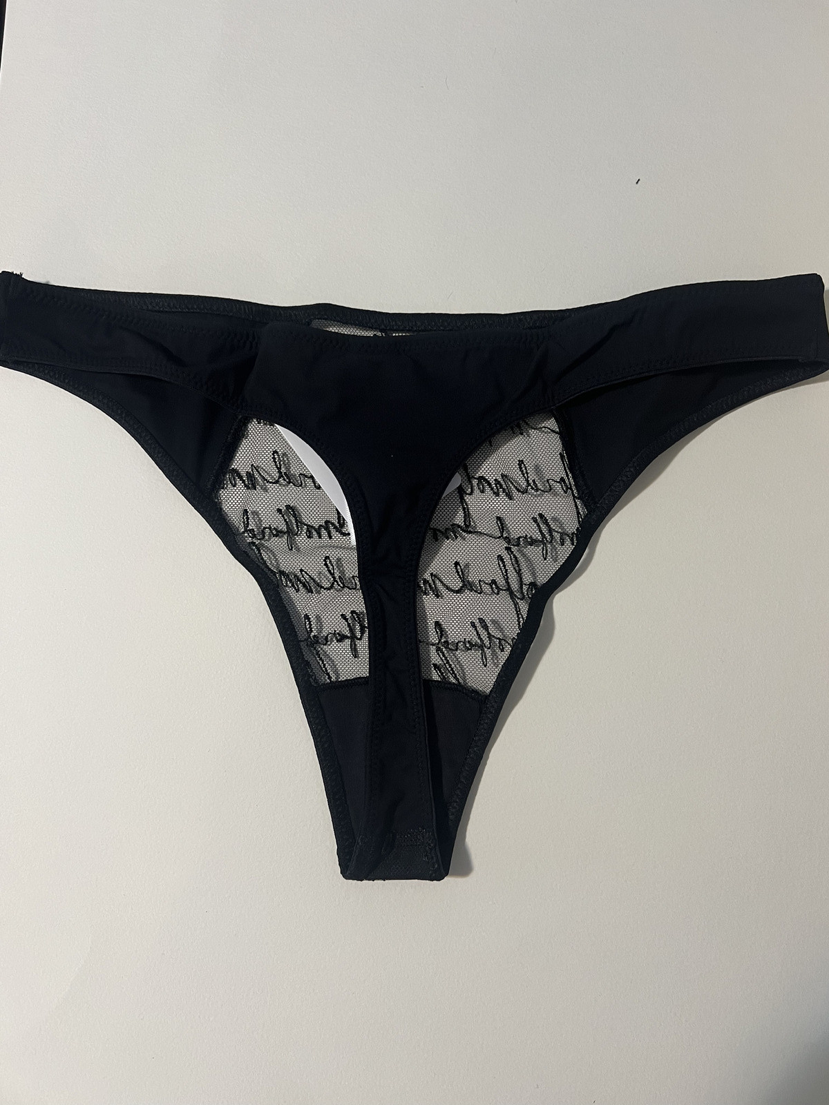 Wolford embroidered logo obsessed tulle Black Med string thong panty Retail $80