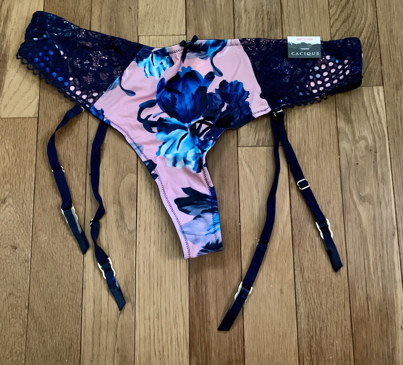Plus Size 14/16 Lane Bryant Cacique Thong Garter Panty Pink Navy Blue Sexy Lace