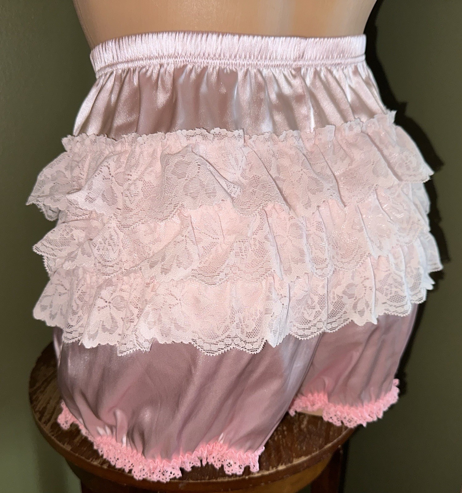 Glossy Pink Satin w Tiered Ruffled Lace Bloomers Long Leg Sissy Panties XL New