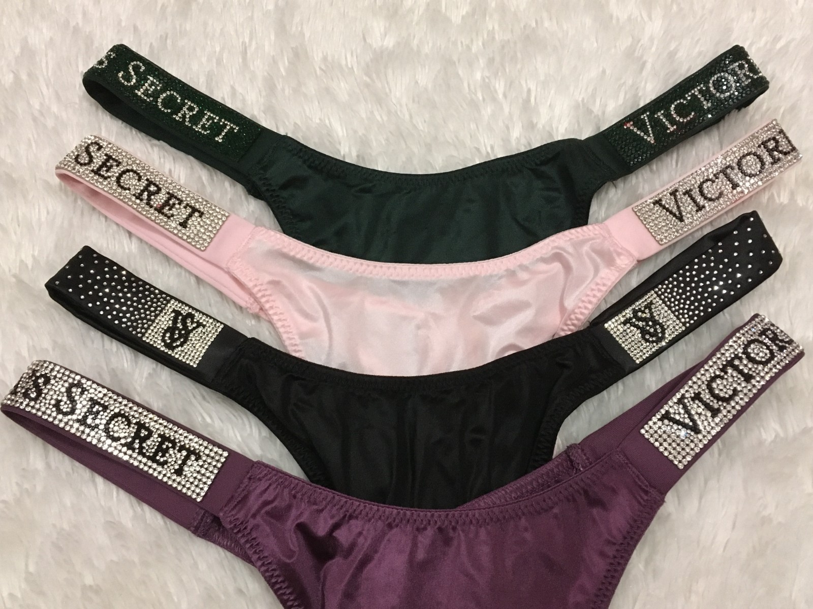 XS VICTORIA’S SECRET Shine Strap THONG Panty Logo RHINESTONE Satin Lot Scattered