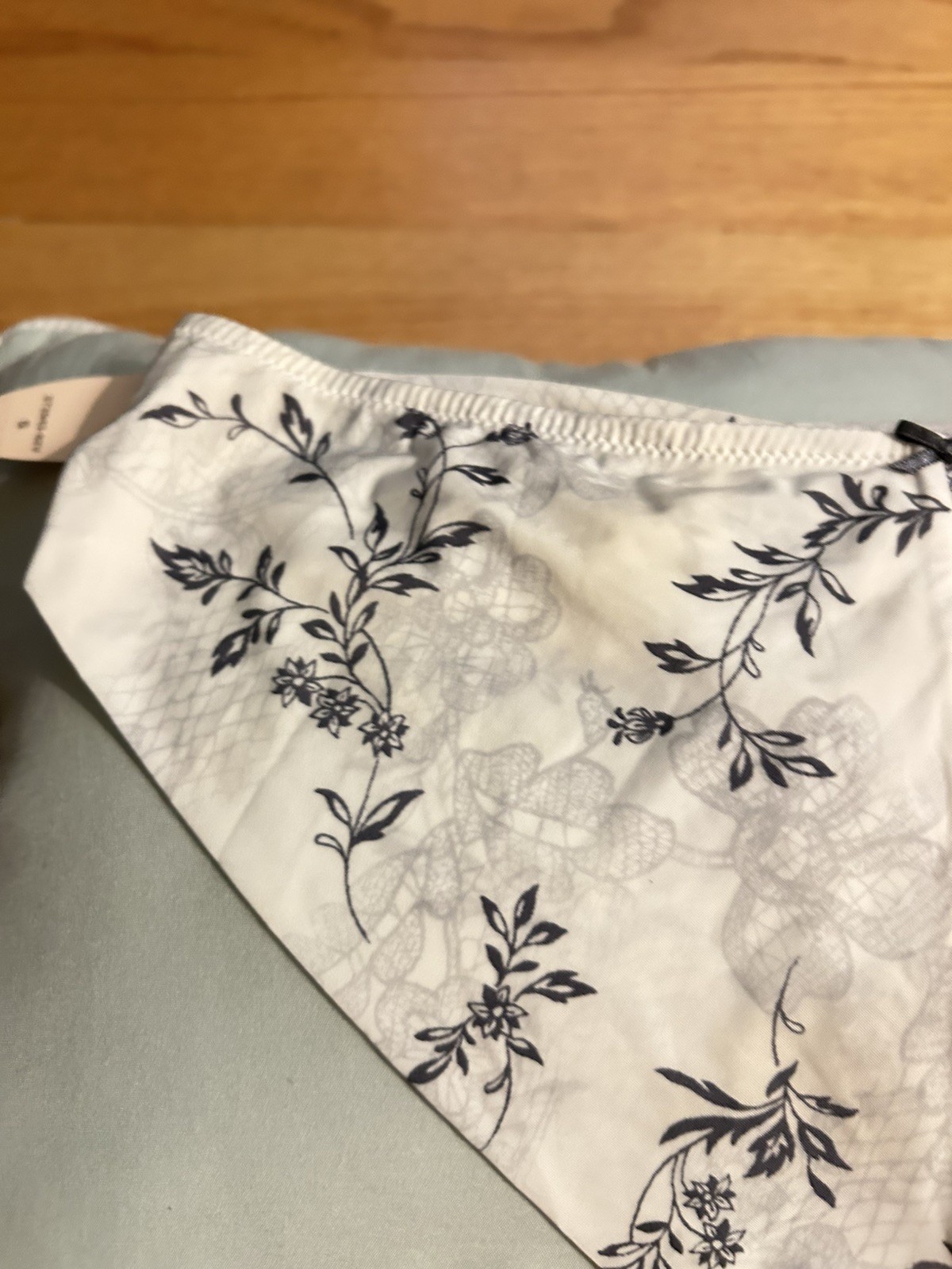 victoria secret white with navy floral pattern, small rhinestones in front small
