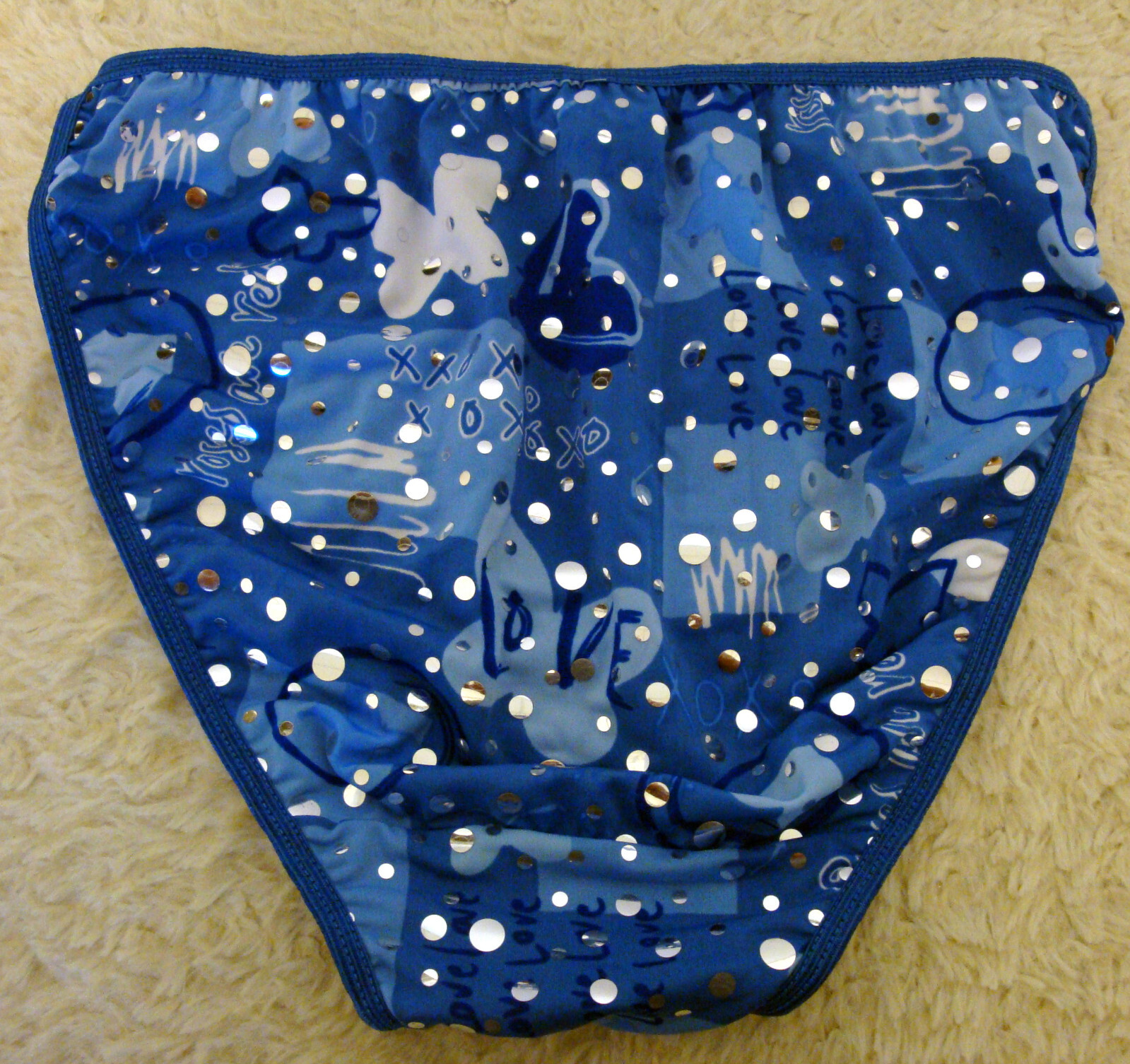 Vintage 7 L Blue Silky Smooth String Bikini Panty Silver Dots NWT Unique