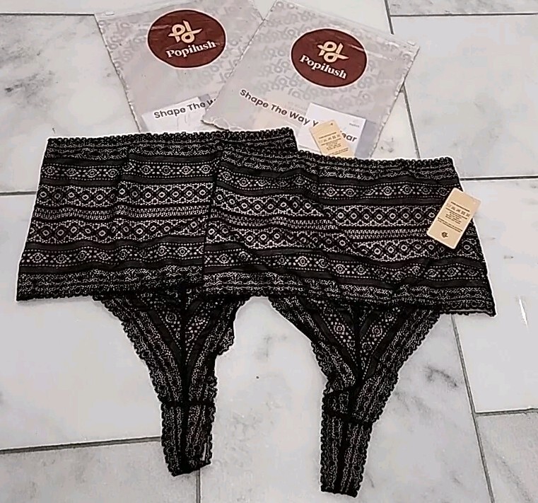 2- Popilush Shapewear Panties High-waisted Underwear Lace Thong Black (XXL)