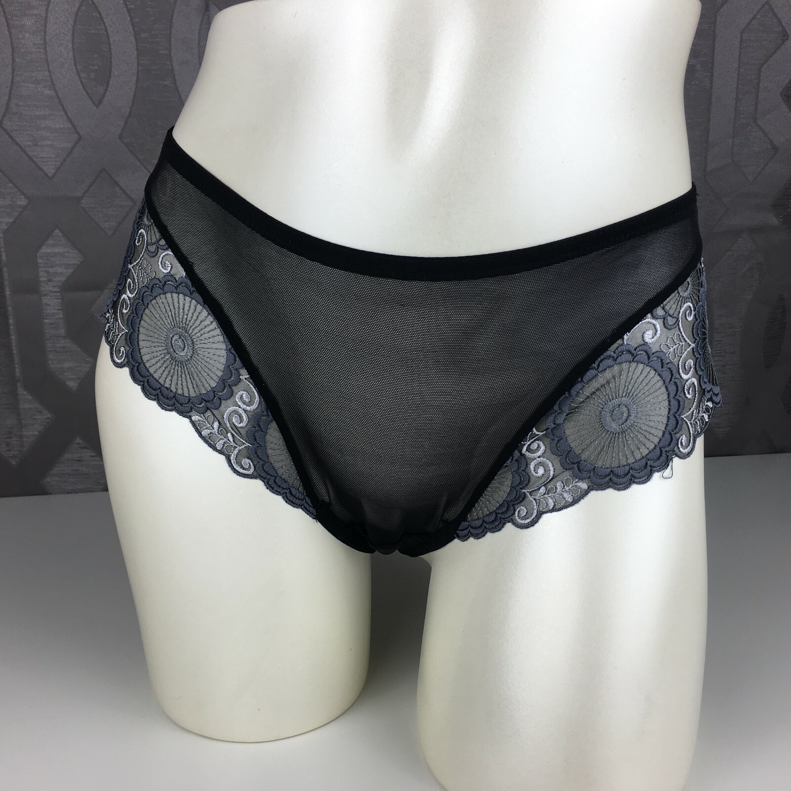 ALEGRO Black Embroidered Sheer Lace Hipster Thong Panty Lingerie – 9010-B