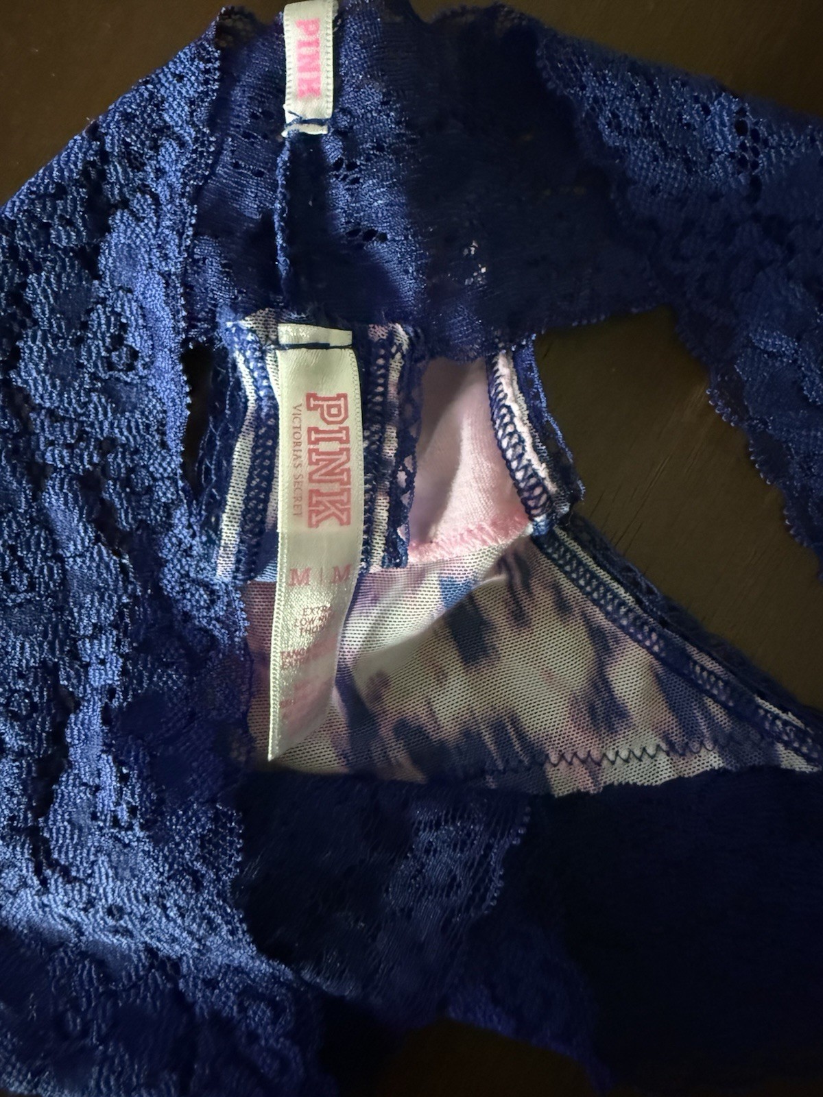 Victoria’s Secret Women’s Thong Panties, Blue/Pink/White Mesh W/ Blue Lace, Sz M