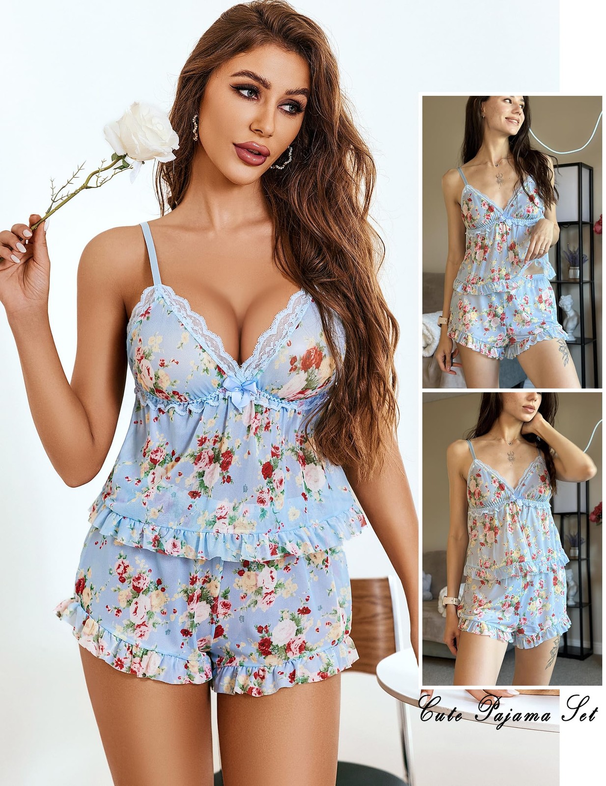 Avidlove Womens Pajamas Set 2 Piece Ruffle Pj Sheer Cami Medium, Light Blue