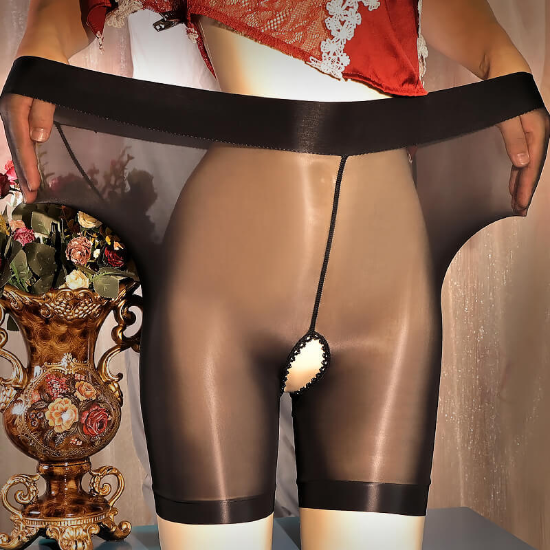 Women’s Oil Shiny Glossy Panties Underwear See Through Open Crotch Boxer Shorts