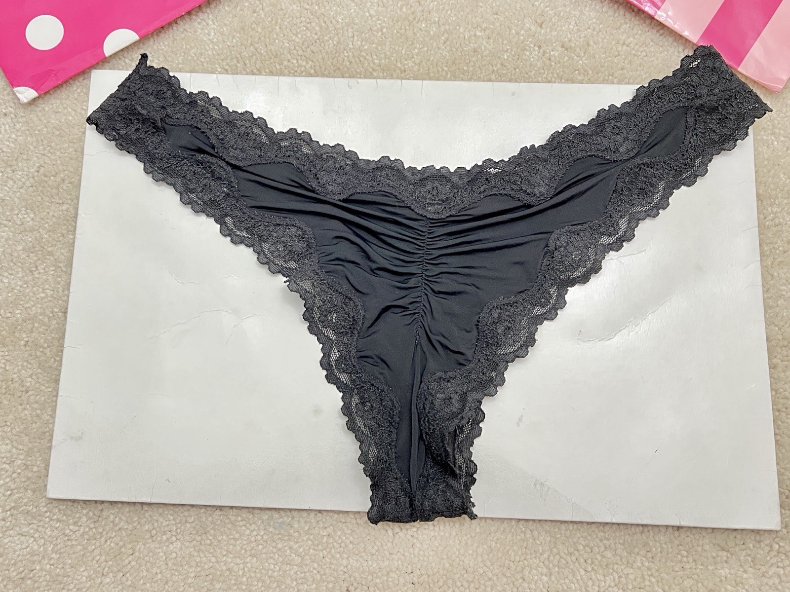 VTG Victoria’s Secret Sexy Little Things Black Satin Ruched Cheekini Panties O/S