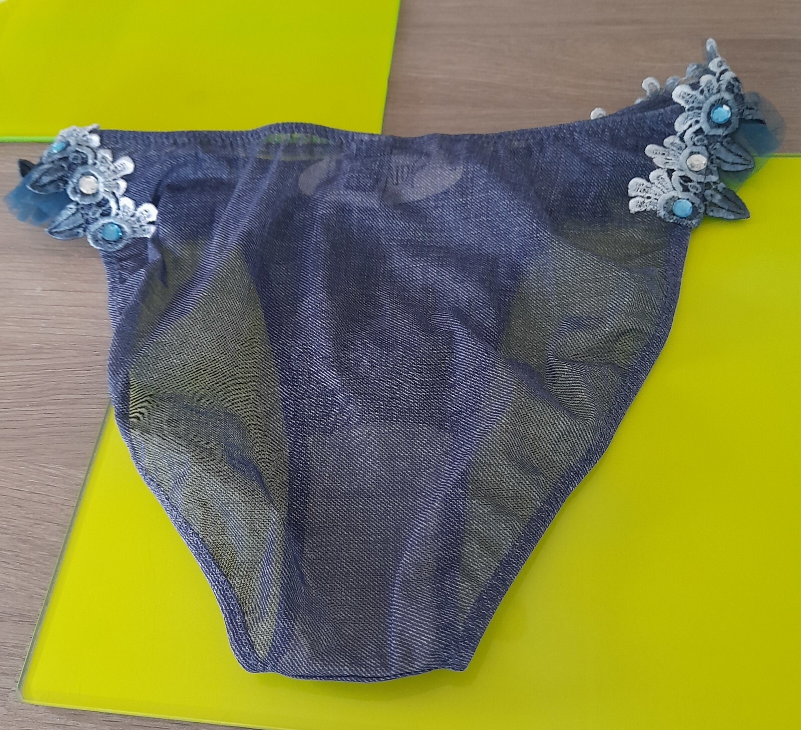 Janet Reger London Sheer Blue Denim Mesh Hipster Brief Lace/Jewels/Ruffles