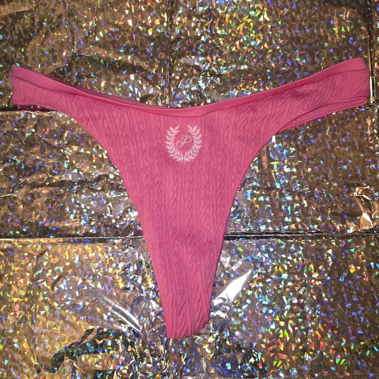 Pink By Victoria Secret Seamless Embroidered Logo Thong String Size XLARGE NWOT
