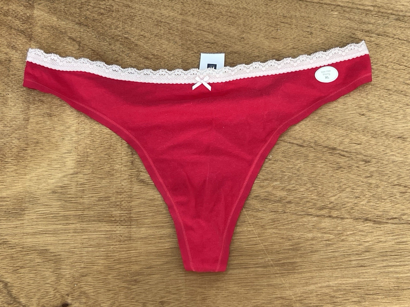 RARE VINTAGE GAP SOFT COTTON THONG PANTY W BOW CHERRY RED DELICATE LACE XL NEW