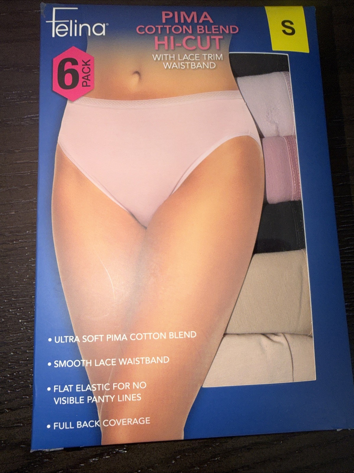 Felina Women’s Pima Cotton Blend Hi-Cut Panties 6-Pack Lace Trim Size S
