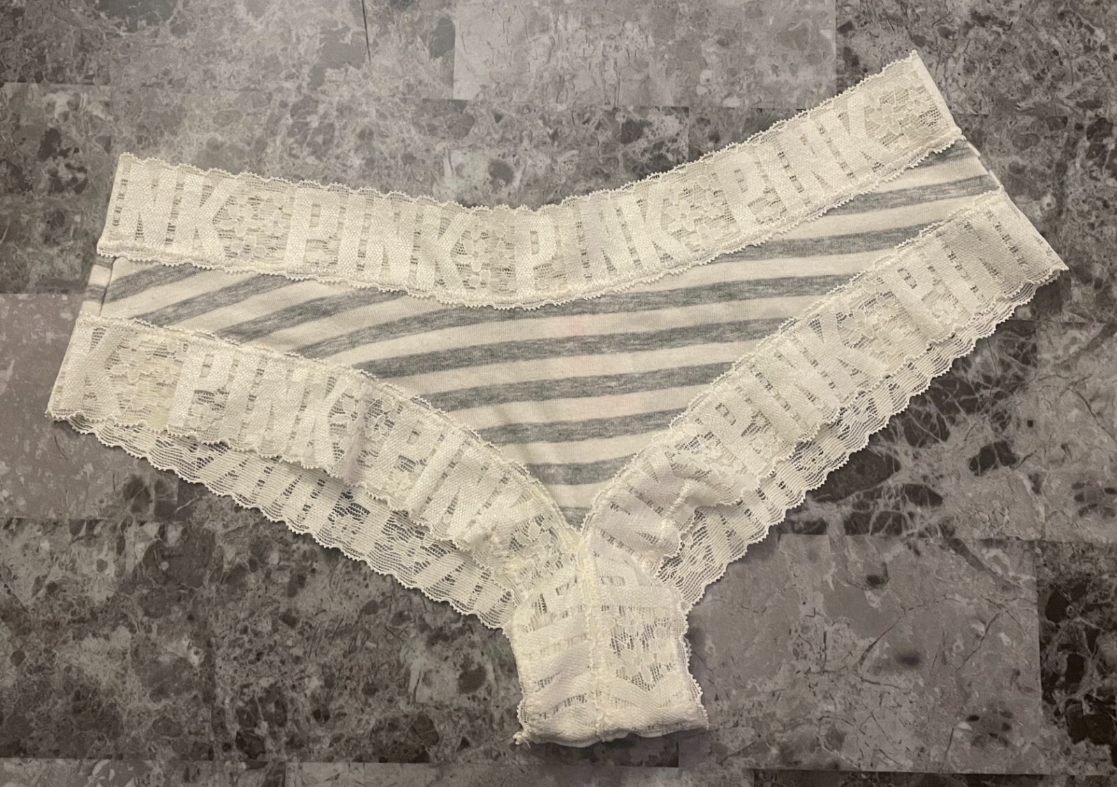 NWT VICTORIA’S SECRET PINK S GRAY IVORY STRIPE LOGO LACE RARE CHEEKY PANTIES