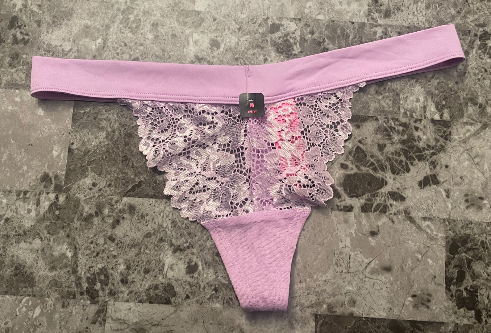 NWD LA SENZA MEDIUM LILAC PURPLE FLORAL LACE SMOOTH WAISTBAND THONG PANTIES