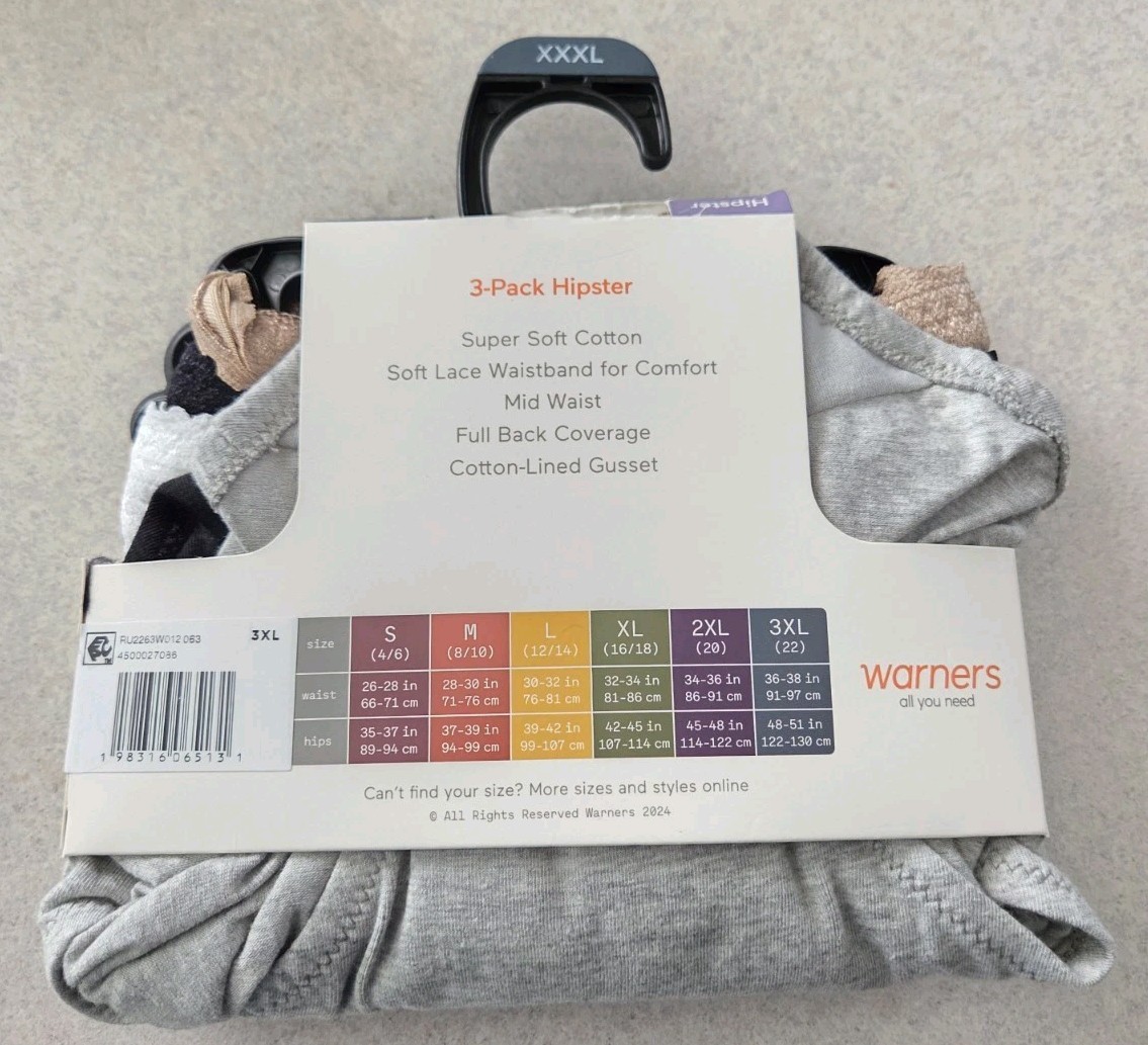 Warners Blissful Benefits 3XL Cotton Lace Hipster Panties 3 PACK Dig Free #10726