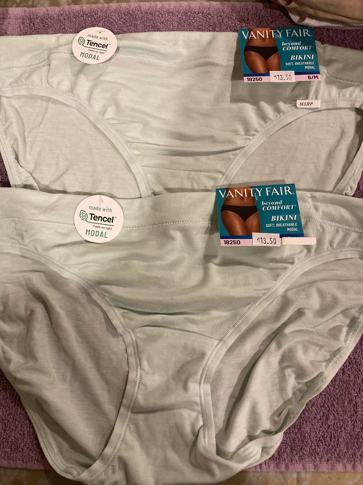 2 PAIRS Vanity Fair 18250 Elevated Modal Bikini Panty 5,6,7,8 Soft Jade / Blue