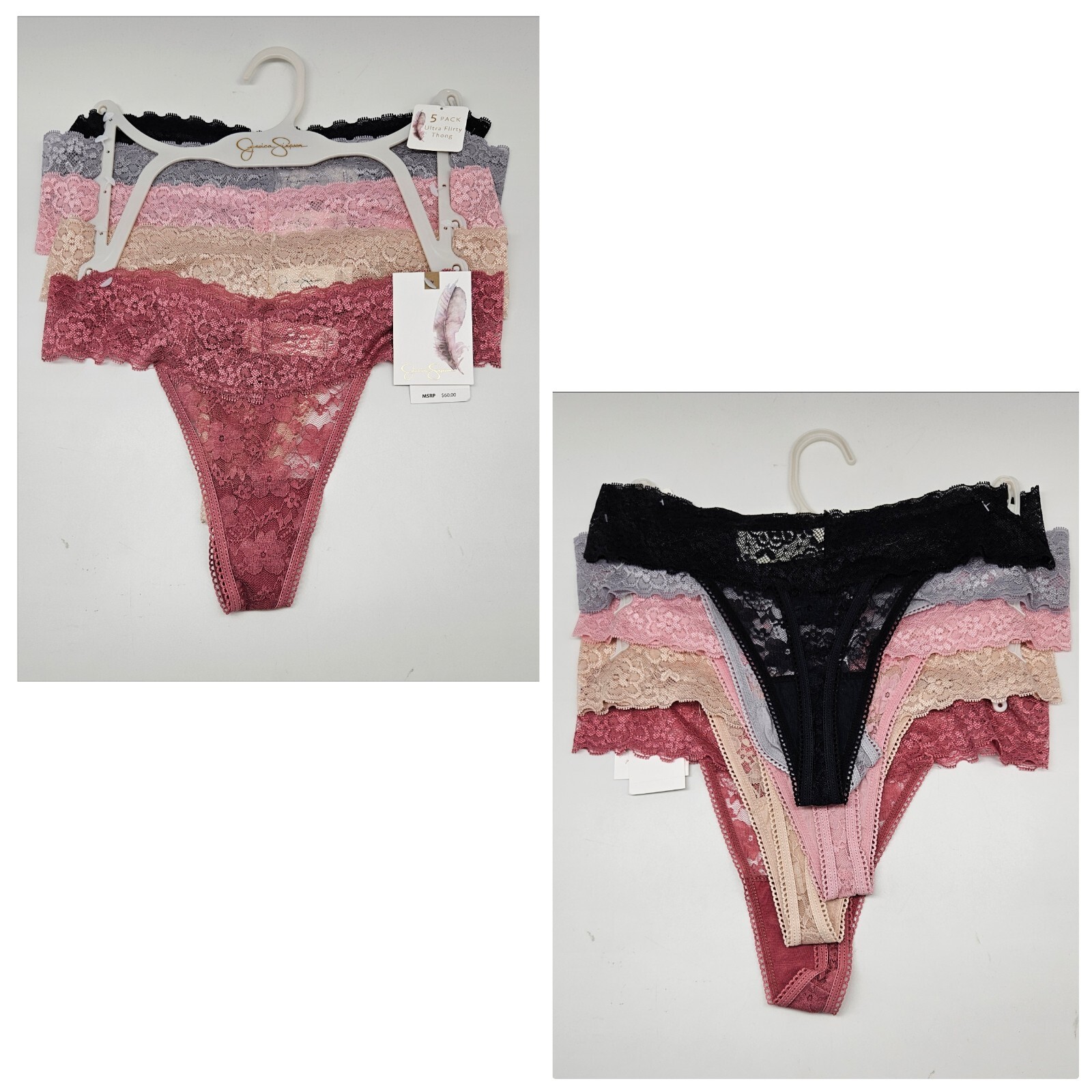 JESSICA SIMPSON Women’s S M L 5 Pk Lace Thong Panties Black Pink Purple Beige