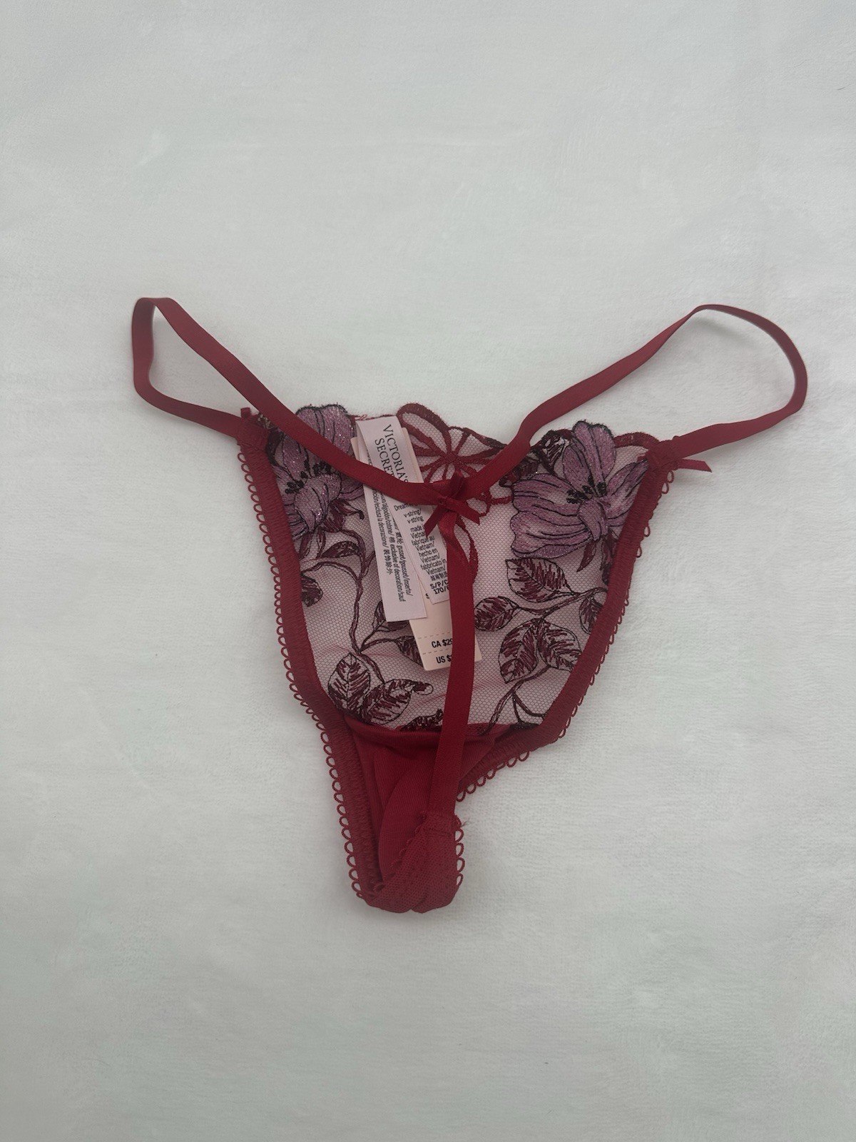 🌹Victoria’s Secret Dream Angels MEDIUM Red Floral Bow 🌹Embroidered V STRING