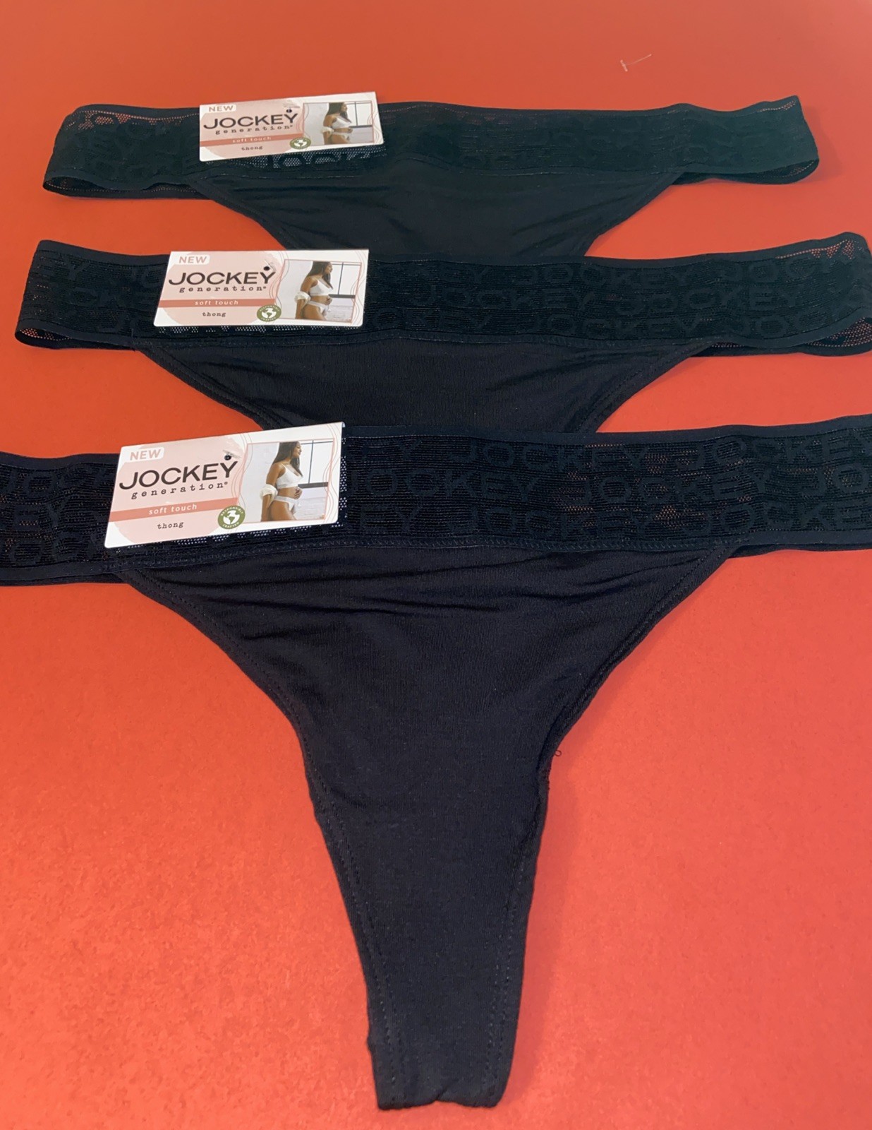 NEW! 3 Pairs! Womens’ Jockey Black Soft Touch Thong W Logo Band / Medium